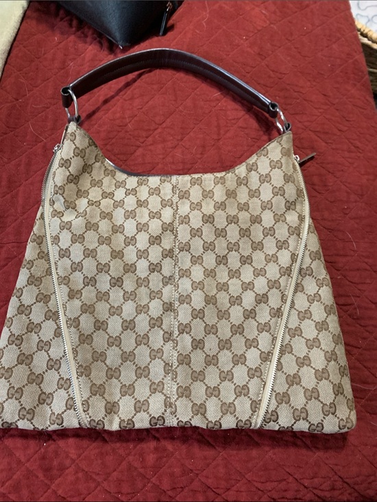 Gucci Handbags - Gucci Beige Brown GG Canvas Shoulder Bag with Dark Brown Handle